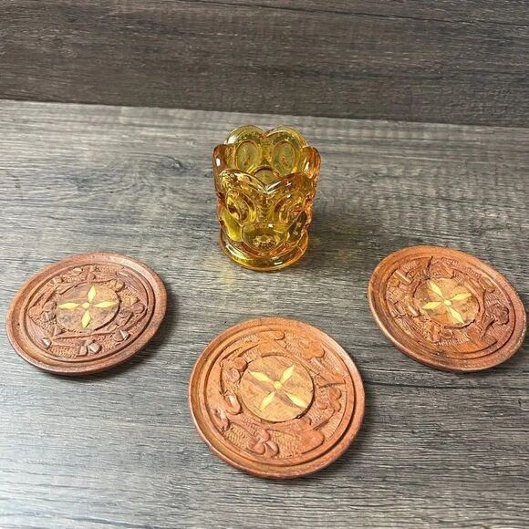 Vintage Bundle of Hand Crafted Wood Coasters from India & Gold Depression Glass - Picture 1 of 6